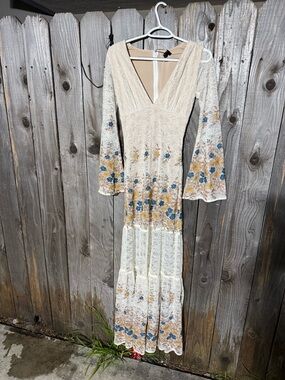 Sky Cream Lace Maxi Dress with Blue & Tan Floral Accents